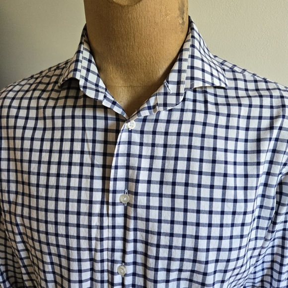 BOSTON BROTHERS White and Navy Plaid Shirt,Fabric Made in Italy - Picture 5 of 11